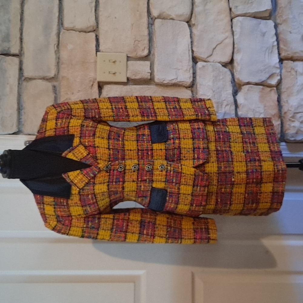 Louis Feraud Skirt jacket suit wool red yellow plaid size 6